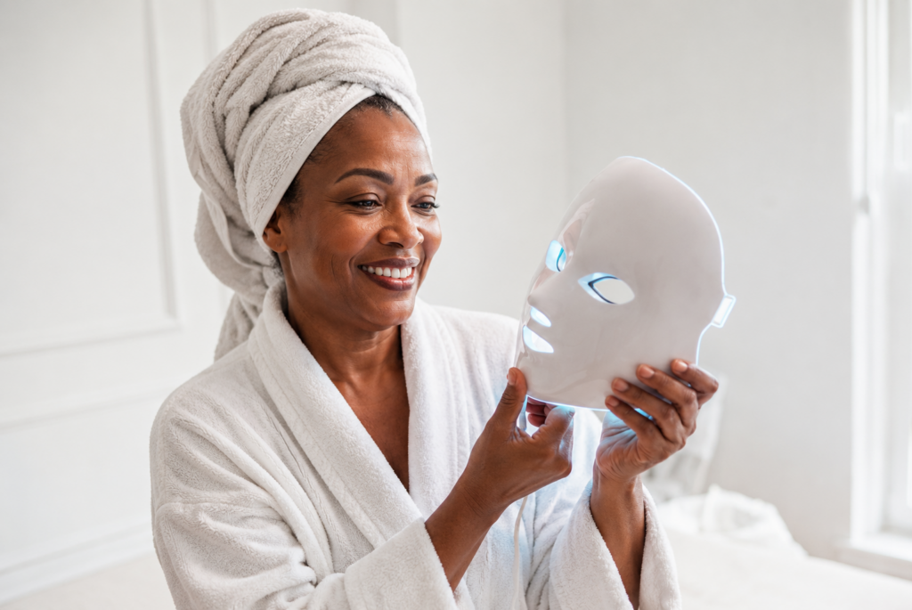 Femme souriante utilisant le masque LED Blum Beauty avec serviette sur la tête